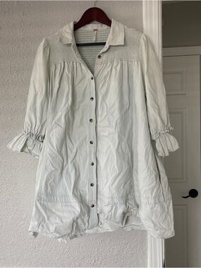 Free People Style Smocked Babydoll Tunic Dress Cream Boho Button Front M